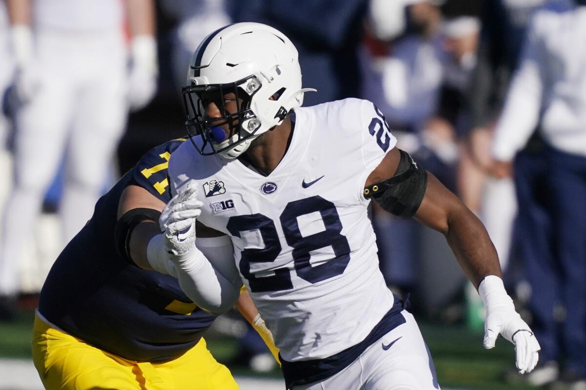 Penn State defensive end Jayson Oweh plays against Michigan.