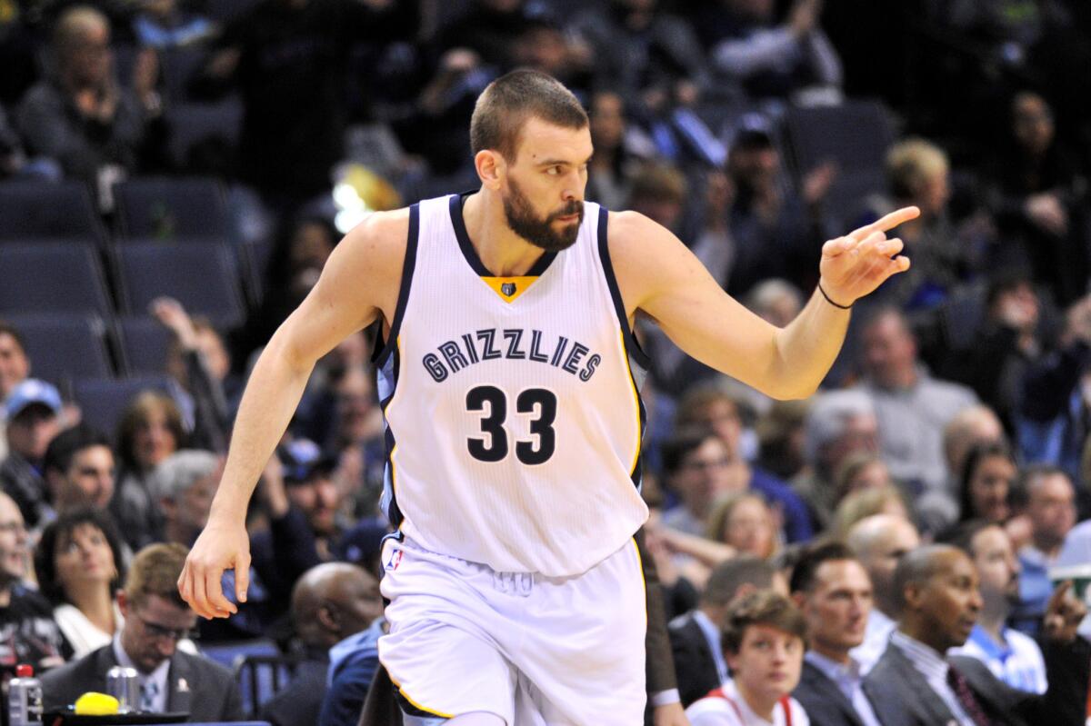 Grizzlies center Marc Gasol (33) reacts after scoring during the first half of a game on Feb. 8.