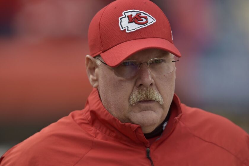 Kansas City Chiefs head coach Andy Reid watches warm ups before an NFL football game against the Cleveland Browns, Sunday, Nov. 4, 2018, in Cleveland. (AP Photo/David Richard)
