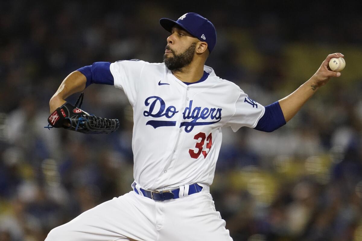 Dodgers relief pitcher David Price delivers during the sixth inning.