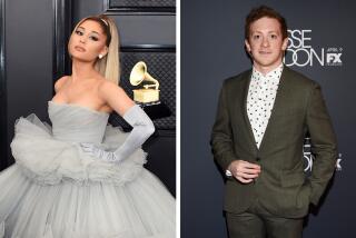 Left: FILE - Ariana Grande appears at the 62nd annual Grammy Awards in Los Angeles on Jan. 26, 2020. A representative for the singer confirmed that she recently married real estate agent Dalton Gomez. Grande's rep told People that they tied the knot in a small and intimate wedding, where less than 20 people attended. It wasn't not clear when the wedding took place. (Photo by Jordan Strauss/Invision/AP, File) Right: Actor Ethan Slater attends the premiere screening of FX's "Fosse/Verdon" at the Gerald Schoenfeld Theatre on Monday, April 8, 2019, in New York. (Photo by Evan Agostini/Invision/AP)