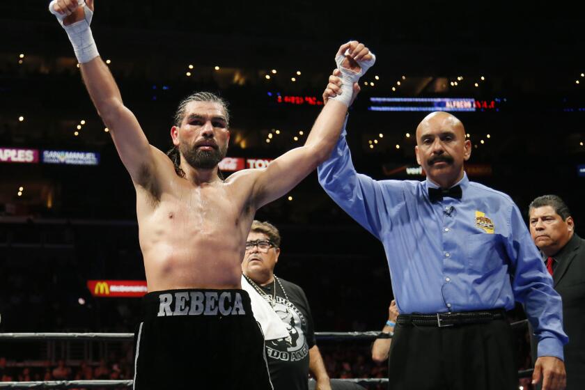 Alfredo Angulo from Mexico celebrates after defeating Hector Munoz in their super middleweight bout, Saturday, Aug. 29, 2015, in Los Angeles. Angulo won with a TKO after the fifth round. (AP Photo/Danny Moloshok)