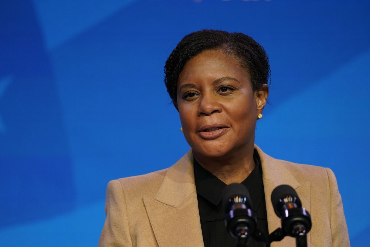 FILE - President-elect Joe Biden's nominee for deputy director of the Office of Science and Technology Policy Alondra Nelson speaks during an event at The Queen theater, Jan. 16, 2021, in Wilmington, Del. President Joe Biden was expected to elevate Nelson, currently the deputy director for science and society in the White House Office of Science and Technology Policy, to become the temporary director of the office. (AP Photo/Matt Slocum, File)