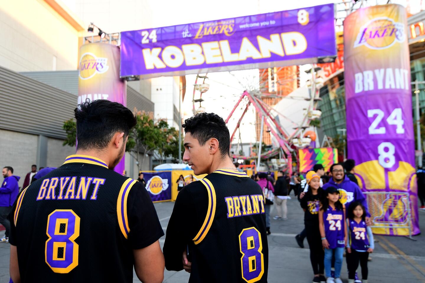 LOS ANGELES, CA - DECEMBER 18: Fans come out to Kobeland before a jersey retirement ceremony for Kobe Bryant'S #8 and #24 of the Los Angeles Lakers at Staples Center on December 18, 2017 in Los Angeles, California. (Photo by Harry How/Getty Images) ** OUTS - ELSENT, FPG, CM - OUTS * NM, PH, VA if sourced by CT, LA or MoD **