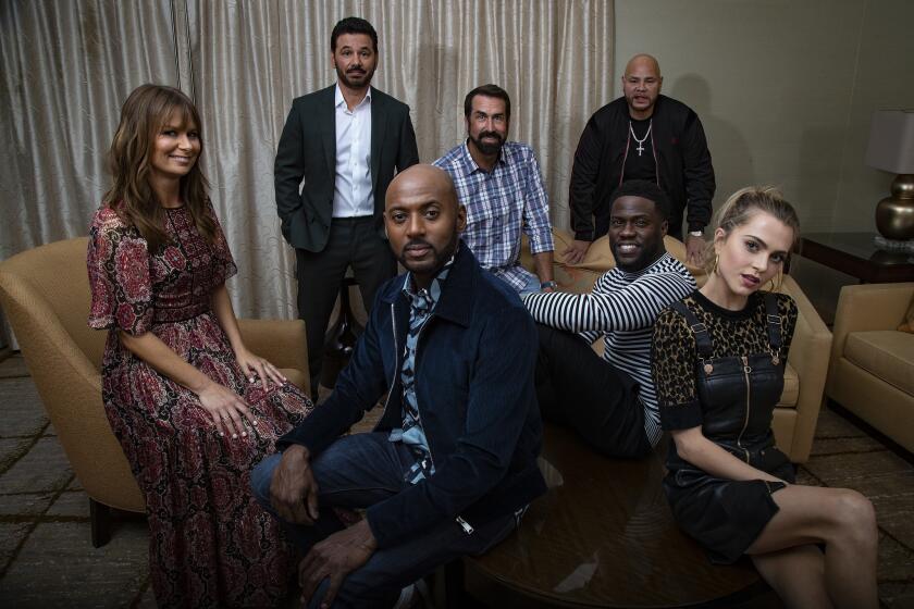 LOS ANGELES, CA - SEPTEMBER 24, 2018: The cast of NBC's Night School get together at the Ritz Carlton on September 24, 2018 in Los Angeles, California. Front row: Romany Malco, left, Anne Winters, right. Second row: Mary Lyn Rajskub, left, Kevin Hart, right. Third row: Al Madrigal, left, Rob Riggle, middle, Fat Joe, right.(Gina Ferazzi/Los AngelesTimes)