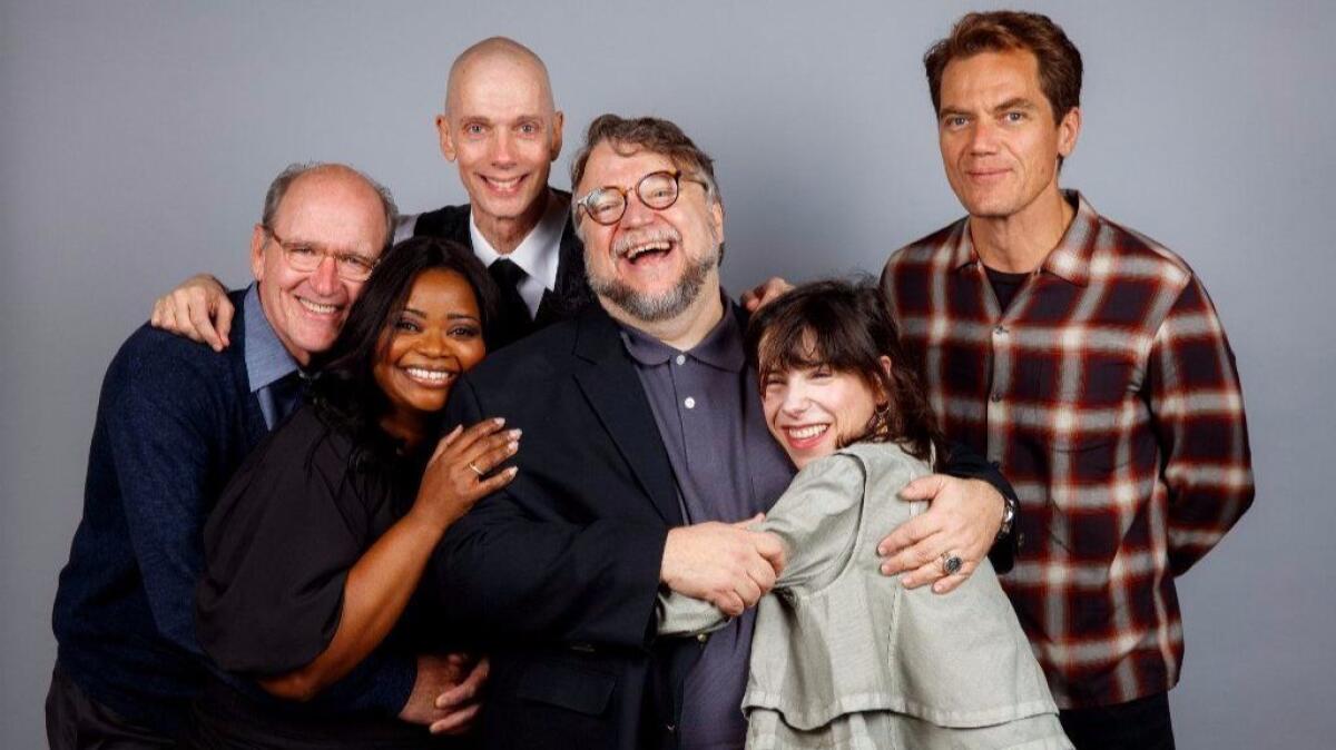 The ensemble cast of "The Shape of Water," a film of beautiful outsiders: From left, Richard Jenkins, Octavia Spencer, Doug Jones, director Guillermo del Toro, Sally Hawkins and Michael Shannon at the 2017 Toronto International Film Festival.
