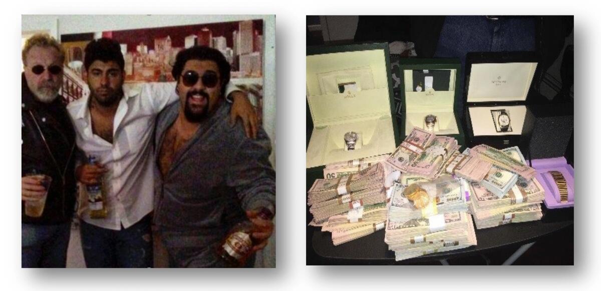 One photo shows three men, and another photo shows watches and money.