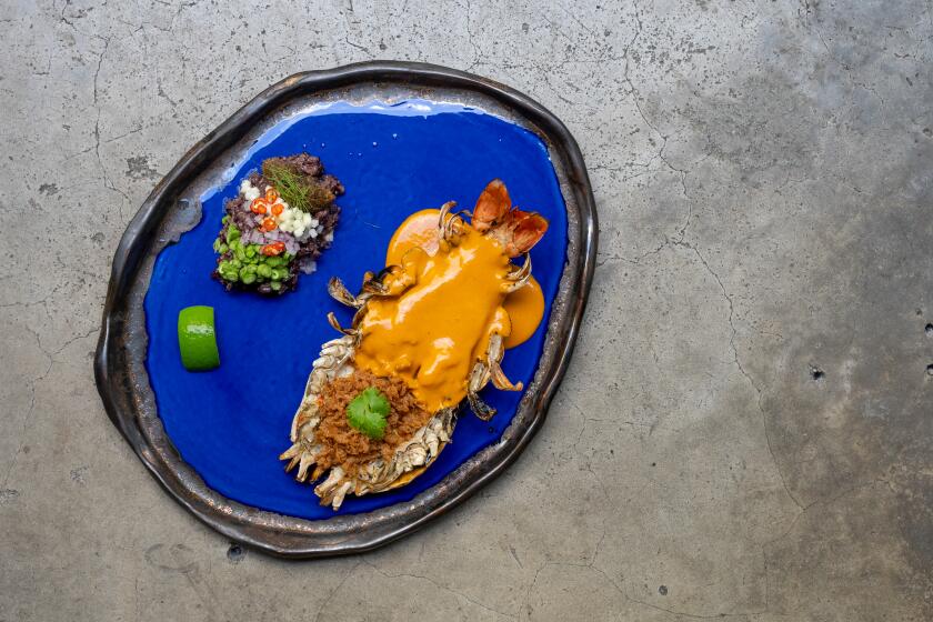 Le Du's version of khao kluk kapi, fermented shrimp paste fried rice. (Cody Long / Los Angeles Times)