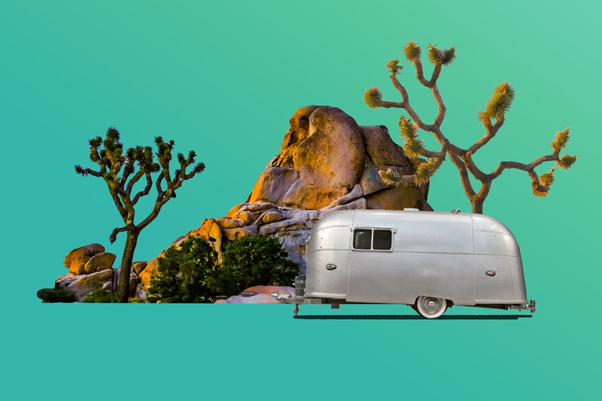 An Airstream camper illustration in front of a Joshua Tree background