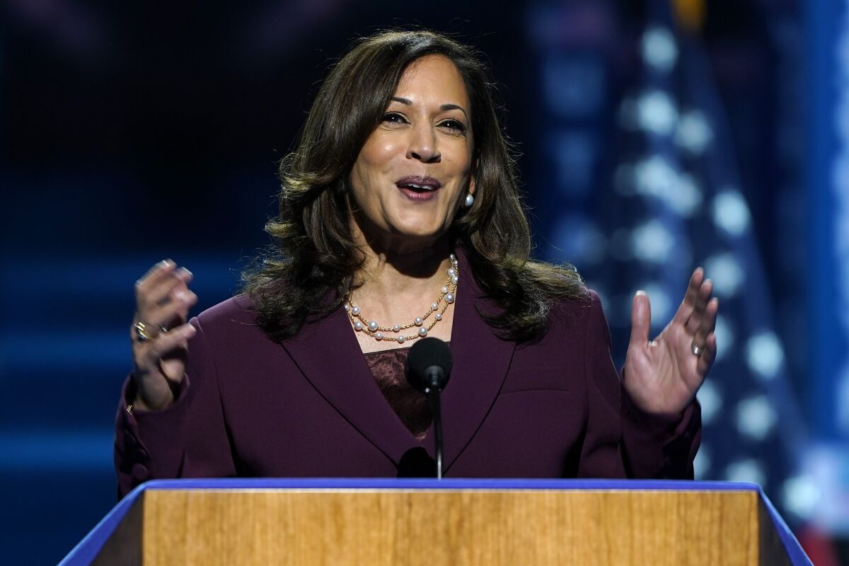 Democratic vice presidential candidate Kamala Harris addresses the convention.