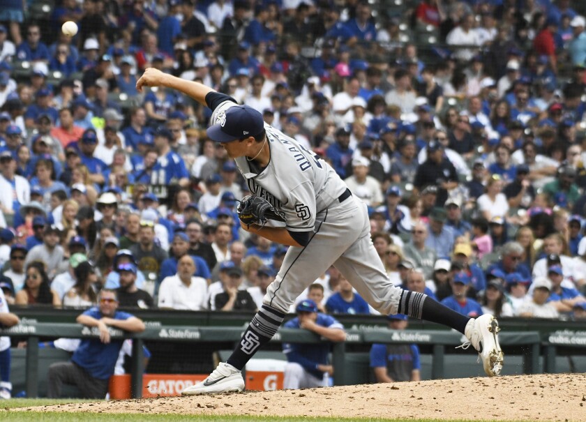 Padres pitcher Cal Quantrill thew 5 2/3 scoreless innings of relief against the Cubs on Sunday.