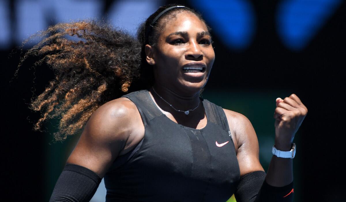 Serena Williams celebrates her victory against Barbora Strycova during their women's singles fourth round match of the Australian Open on Monday.