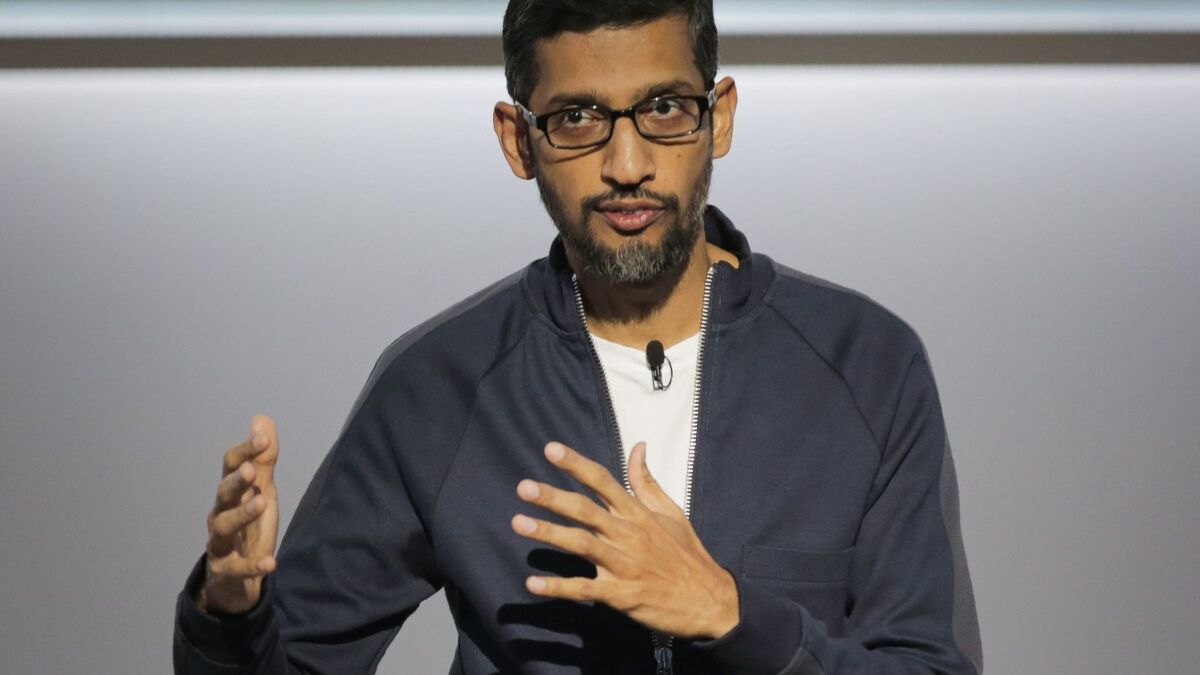Sundar Pichai, chief executive of Google, speaks about Google's improvements in artificial intelligence and machine learning during a product launch event at the SFJAZZ Center in San Francisco in October 2017.