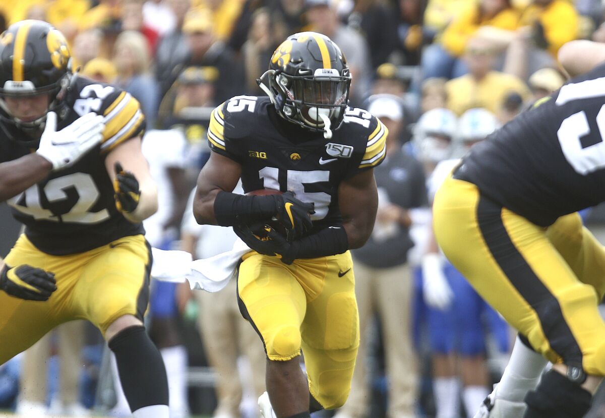 Iowa running back Tyler Goodson carries the ball against Middle Tennessee on Sept. 28.