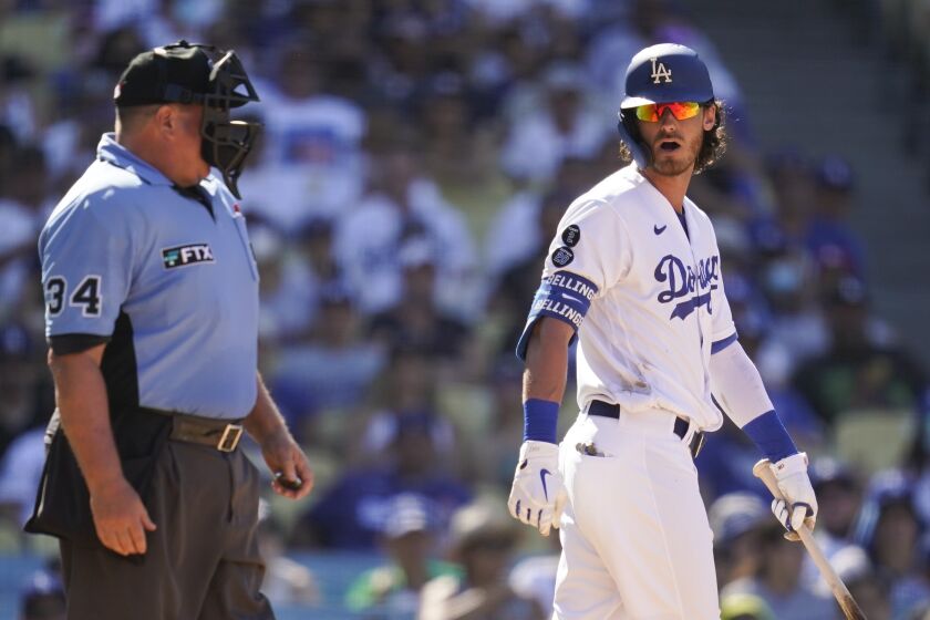 Los Angeles Dodgers' Cody Bellinger, center, disputes a call with umpire Sam Holbrook.