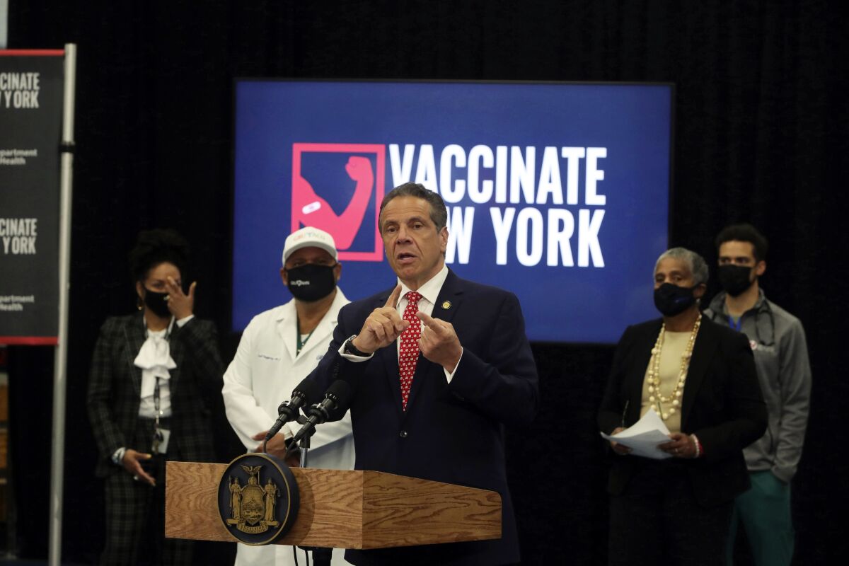 New York Governor Andrew Cuomo holds a press briefing on the coronavirus pandemic and urged people who are young and or hesitant to get vaccinated at the Belle Center, in Buffalo, N.Y., Thursday, April 29, 2021. (John Hickey/The Buffalo News via AP)