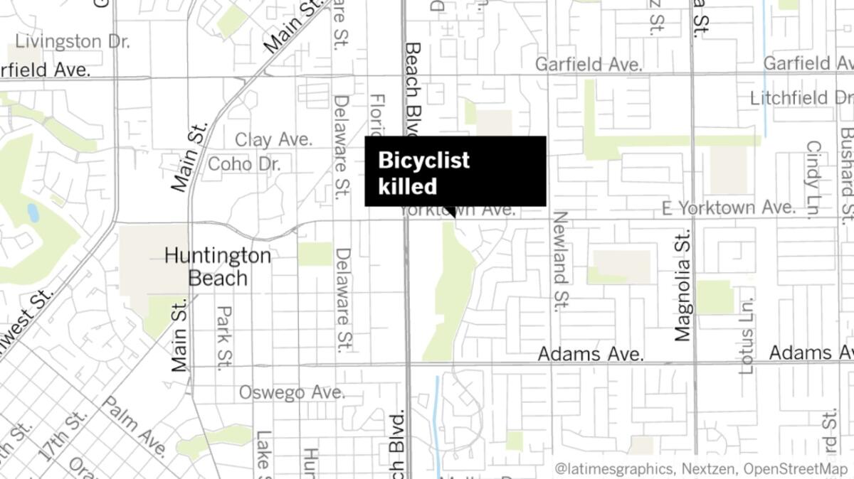 A bicyclist was struck and killed by an SUV near Yorktown Avenue and Vasile Circle in Huntington Beach on Wednesday night.