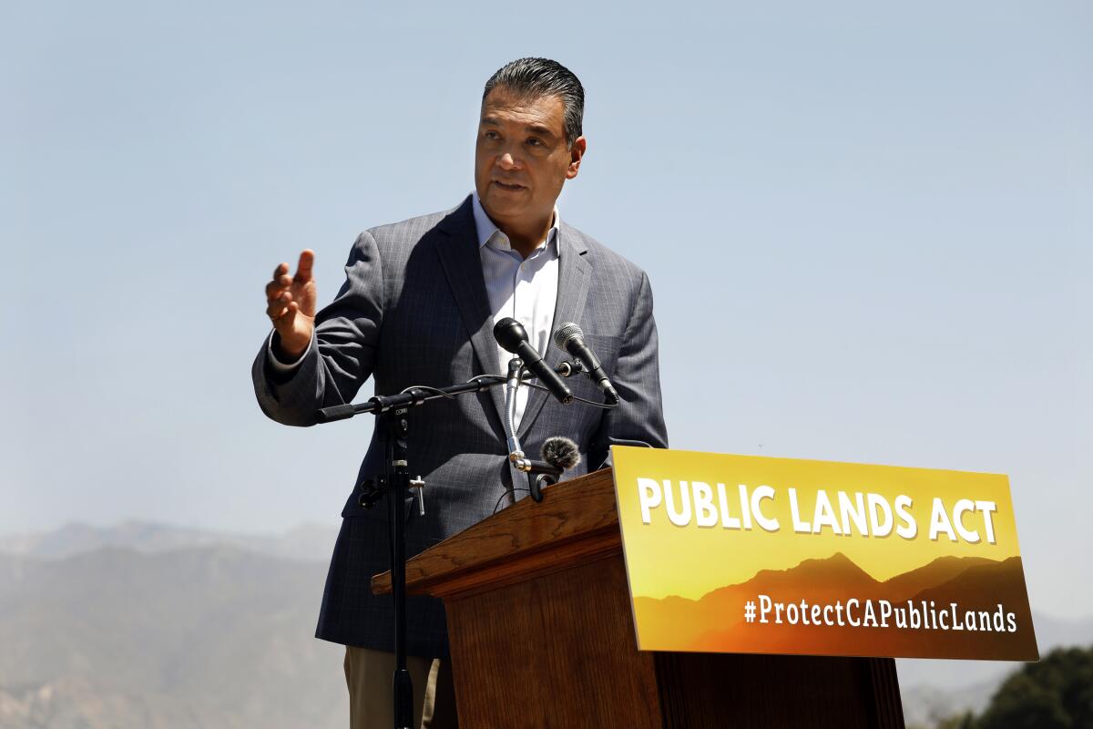 Sen. Alex Padilla (D-Calif.) speaks at a news conference at Santa Fe Dam Recreation Area in Irwindale.