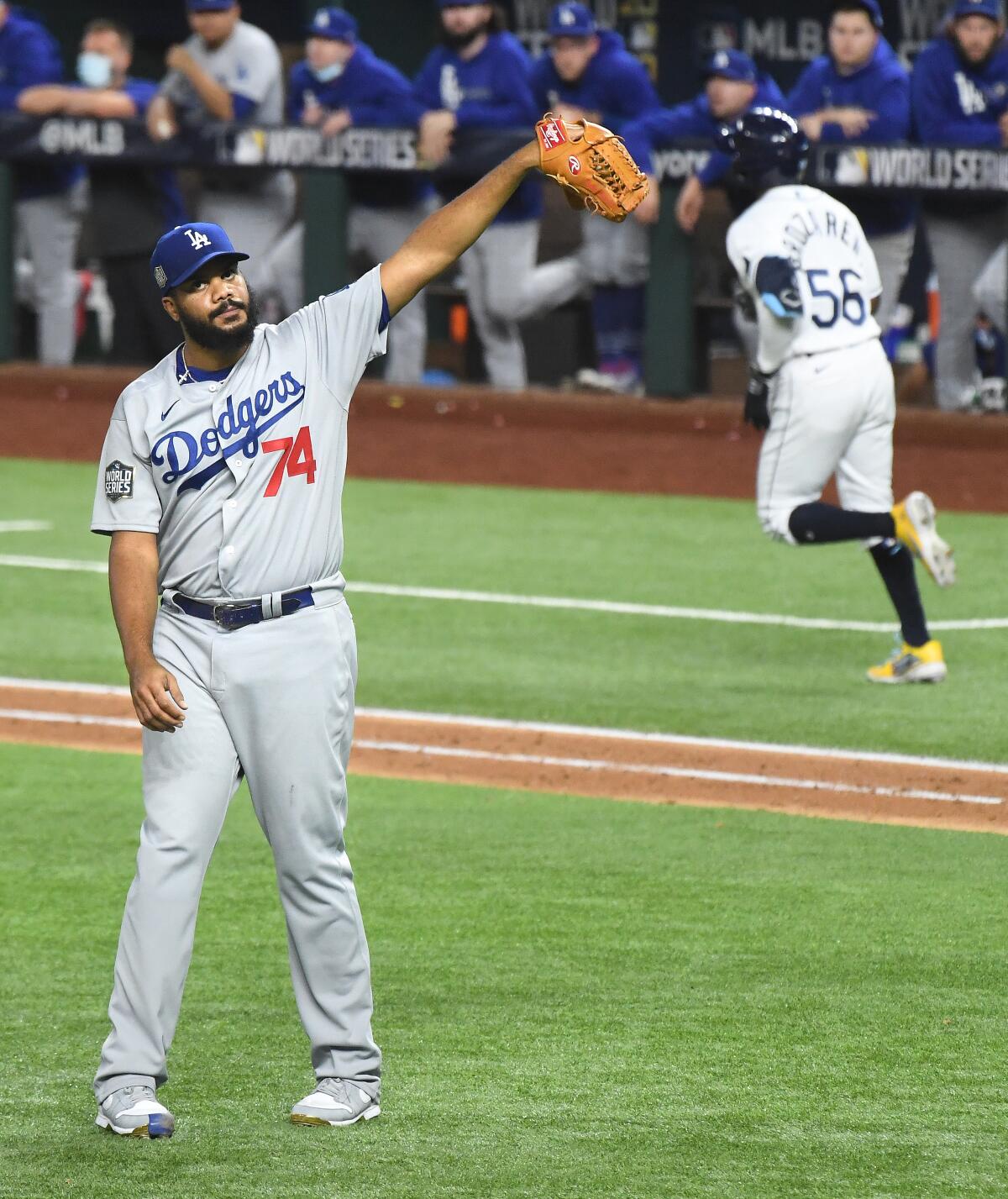 Dodgers relief pitcher Kenley Jansen reacts after giving up a solo home run to Tampa Bay's Randy Arozarena.