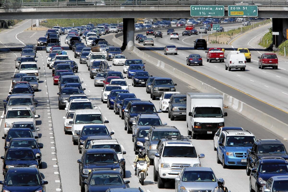 Motorists sit in traffic on the westbound 10 freeway in Santa Monica.