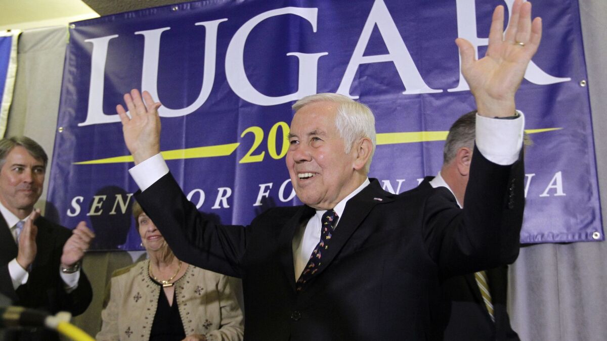 Sen. Richard Lugar reacts after giving a speech in Indianapolis in 2012.