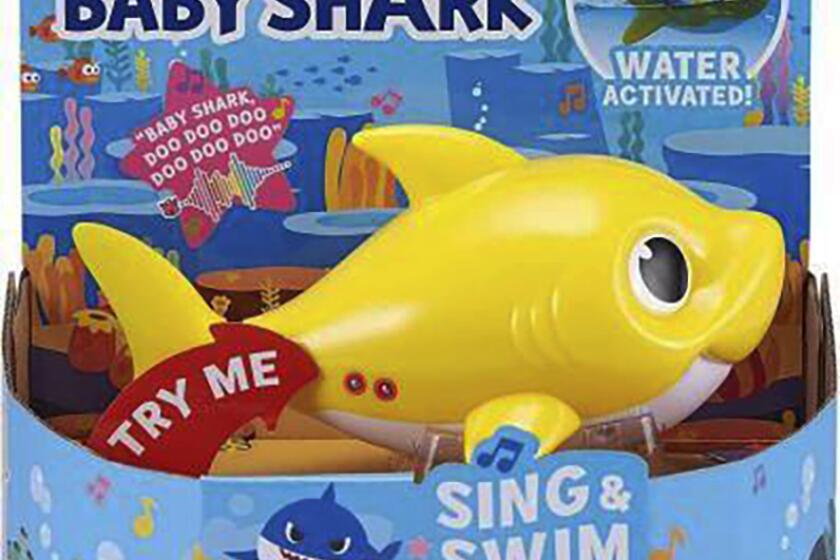 This image provided by Consumer Product Safety Commission shows Zuru’s full-sized Robo Alive Junior Baby Shark Sing & Swim Bath Toys. About 7.5 million “Baby Shark” bath toys are being recalled, Friday, June 23, 2023, after multiple impalements, lacerations and puncture wounds were reported in children playing with them. Toymaker Zuru said it’s recalling both full-size and mini versions of its robotic baby shark toys that have hard plastic top fins. (Consumer Product Safety Commission via AP)