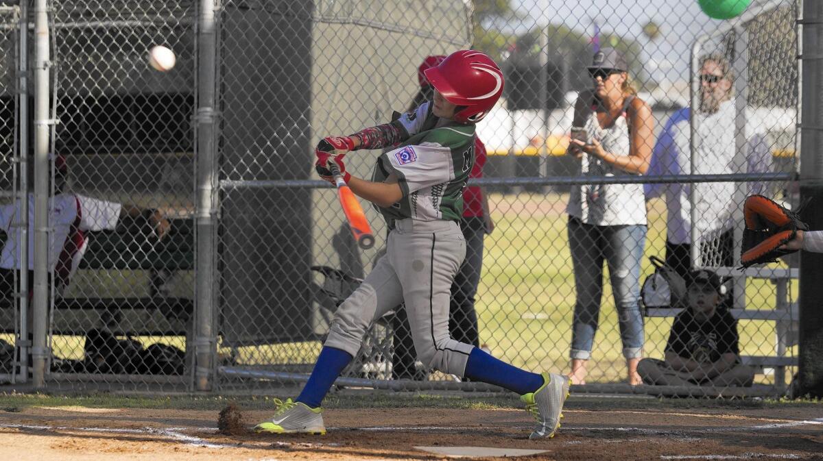 Dylan Matian hits a solo home run to help the Costa Mesa American Little League Major Division All-Stars earn a 9-0 victory over Costa Mesa National and sweep the best-of-three Mayor’s Cup series on Monday.