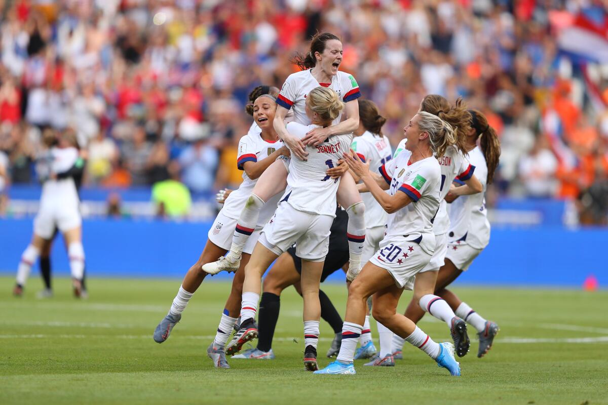 The U.S. is seeking to become the first team, male or female, to win a World Cup and an Olympic title in consecutive calendar years. Above, their World Cup victory in July.