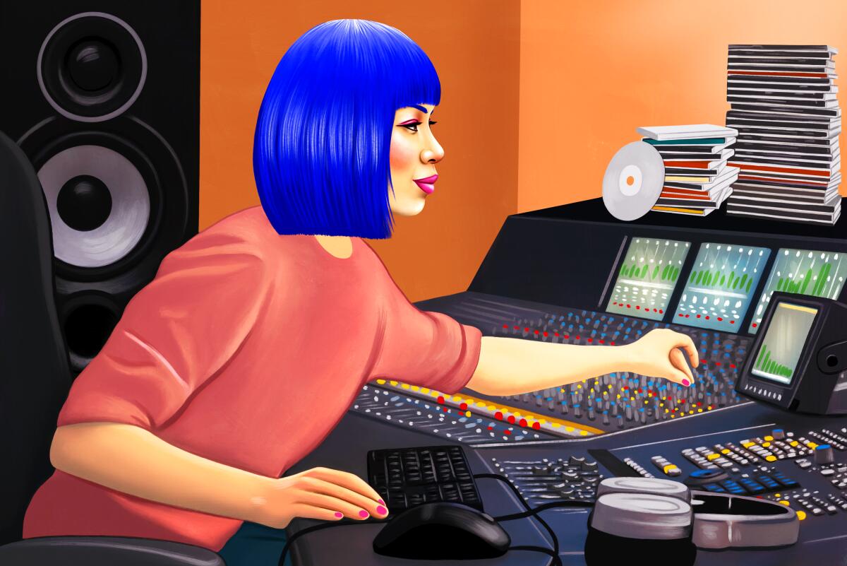 Illustration of a music supervisor adjusting controls on a sound mixing board 