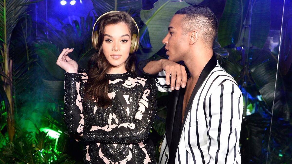 Actress Hailee Steinfeld and Balmain creative director Olivier Rousteing at the Balmain and Beats by Dre collaboration party in Beverly Hills. (Stefanie Keenan / Getty Images for Balmain)