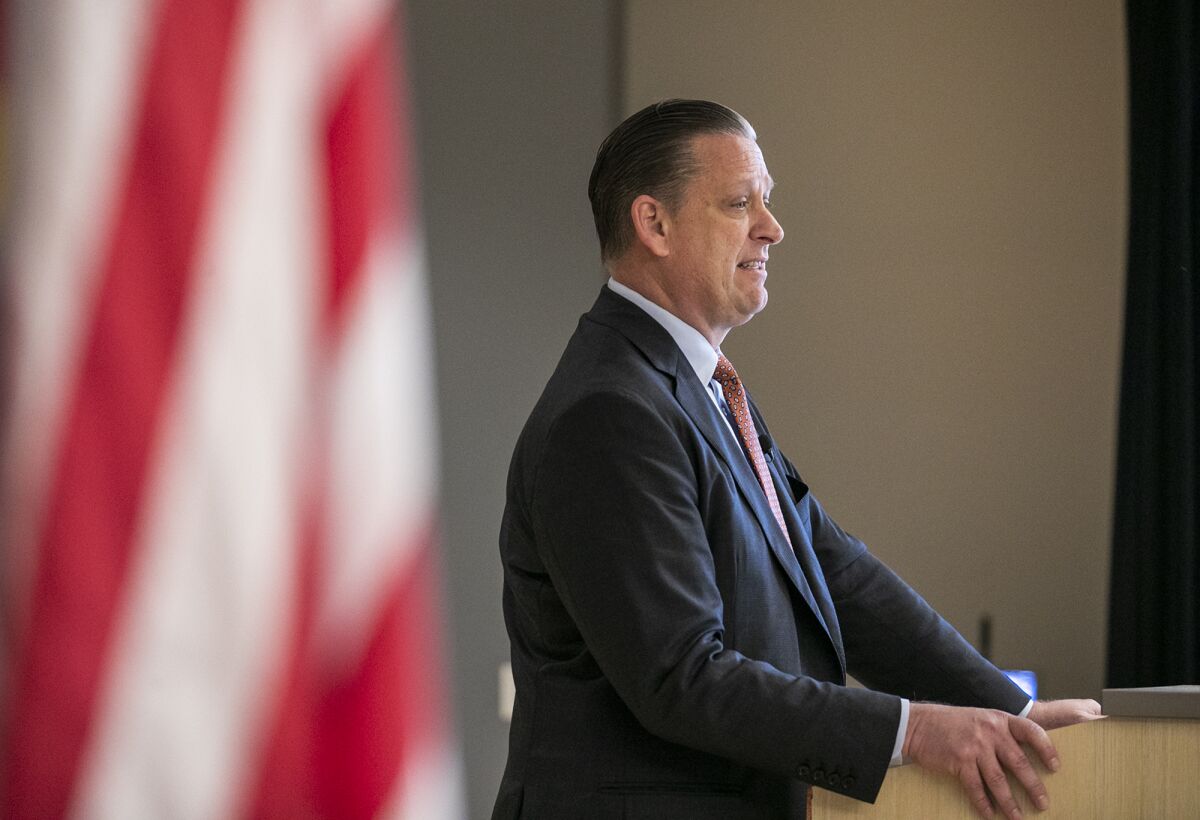 Huntington Beach Mayor Tony Strickland speaks during the Mayor's Breakfast on Thursday.