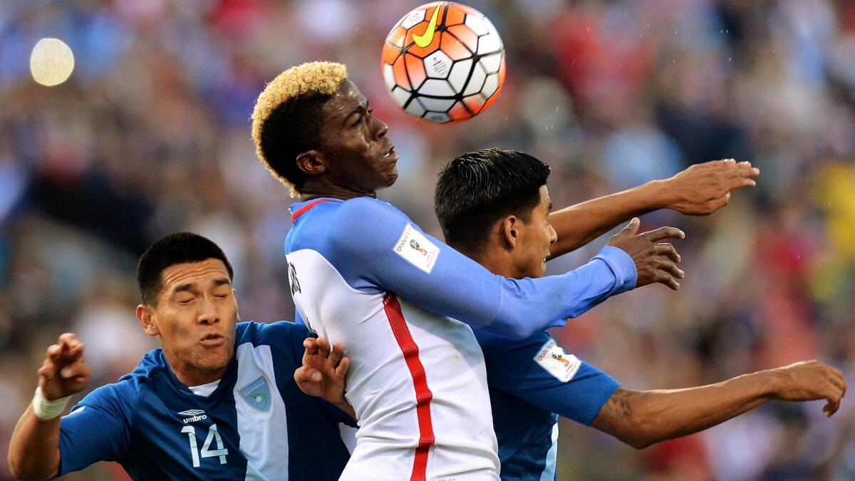 Gyasi Zardes, shown heading a ball during a World Cup qualifier against Guatemala, has been called back up to the men's national team.