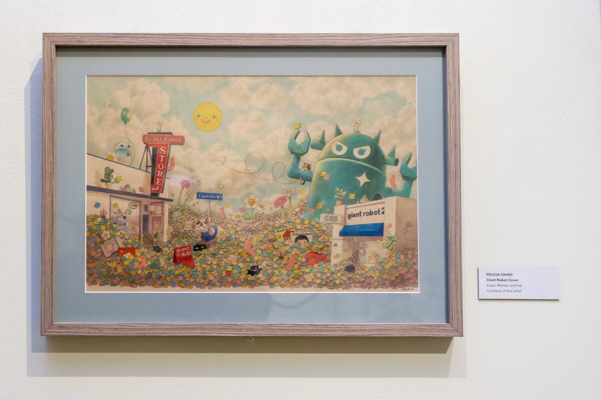 Felicia Chiao's "Giant Robert Cover," framed and displayed at the Japanese American National Museum.