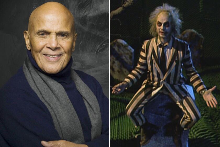 From left, singer and activist Harry Belafonte  and Michael Keaton from the 1988 film, ‘Beetlejuice.’