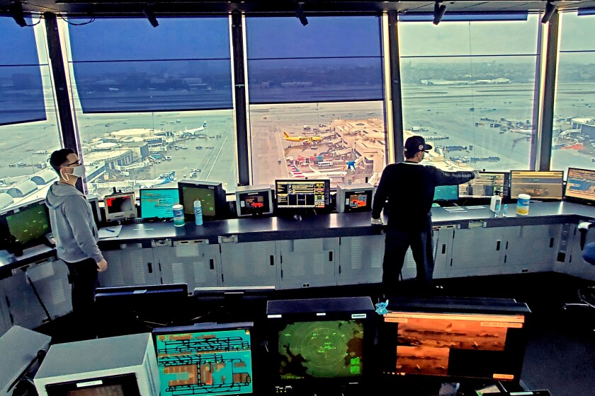 The ATC control tower at Los Angeles International Airport on Apr. 9, 2020 during the coronavirus pandemic. Air traffic control towers have adapted to the crisis by reducing staff and working from alternative towers if someone tests positive for the virus. (FAA)
