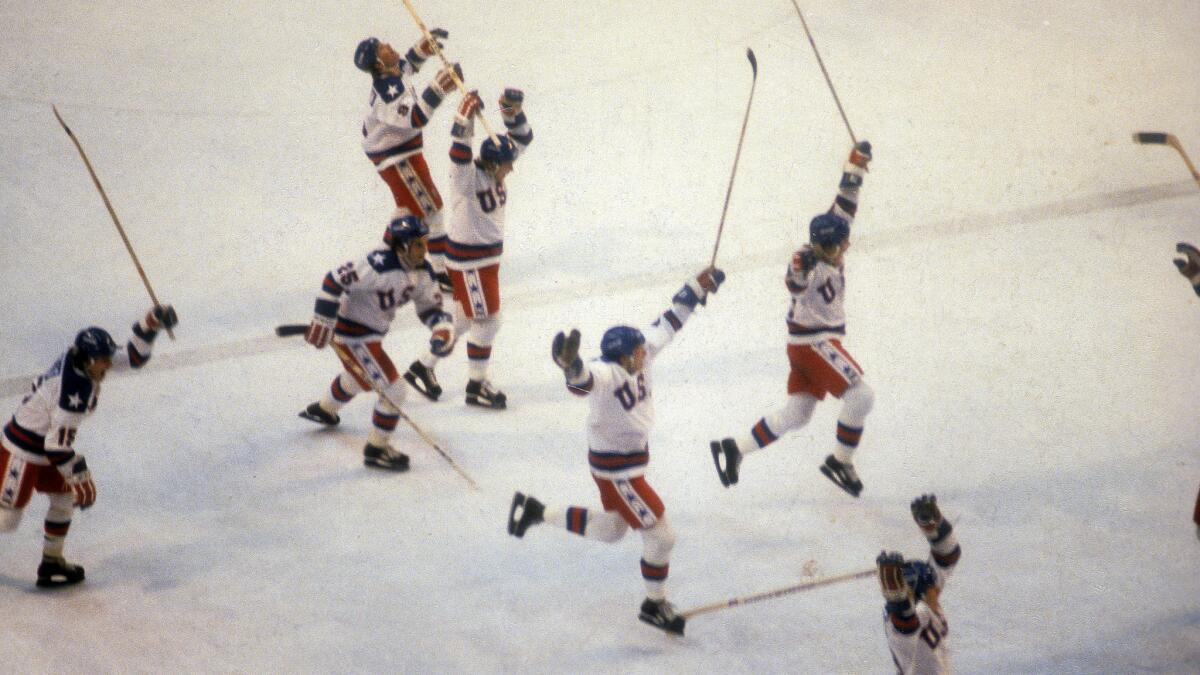 Miracle on Ice U.S. hockey team members celebrate their victory