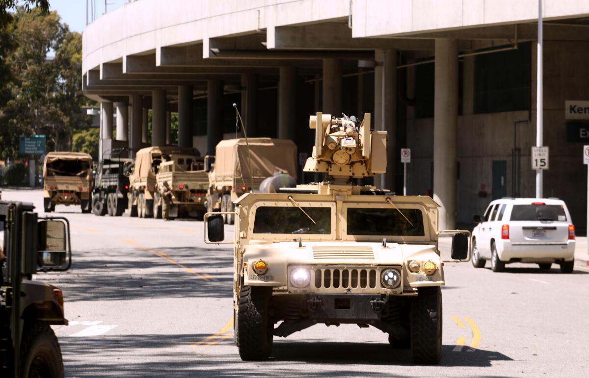 National Guard troops prepare to leave the L.A. Convention Center after days of protest in 2020.