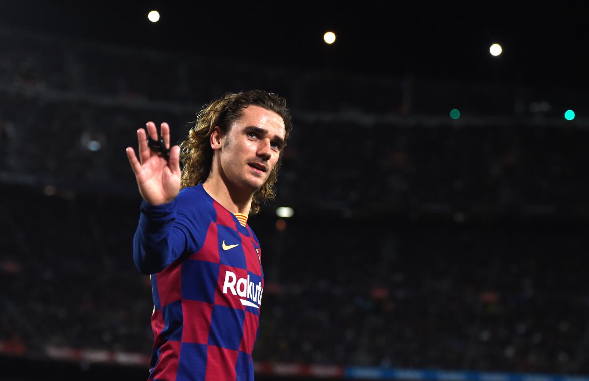 Antoine Griezmann of FC Barcelona looks on during the La Liga match between FC Barcelona and Real Sociedad at Camp Nou.