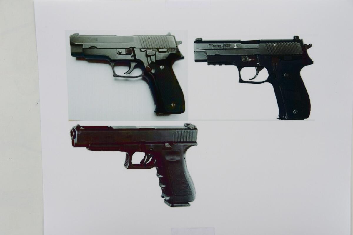 Handguns, similar to the ones used by Elliot Rodger in the Isla Vista attacks, are shown.