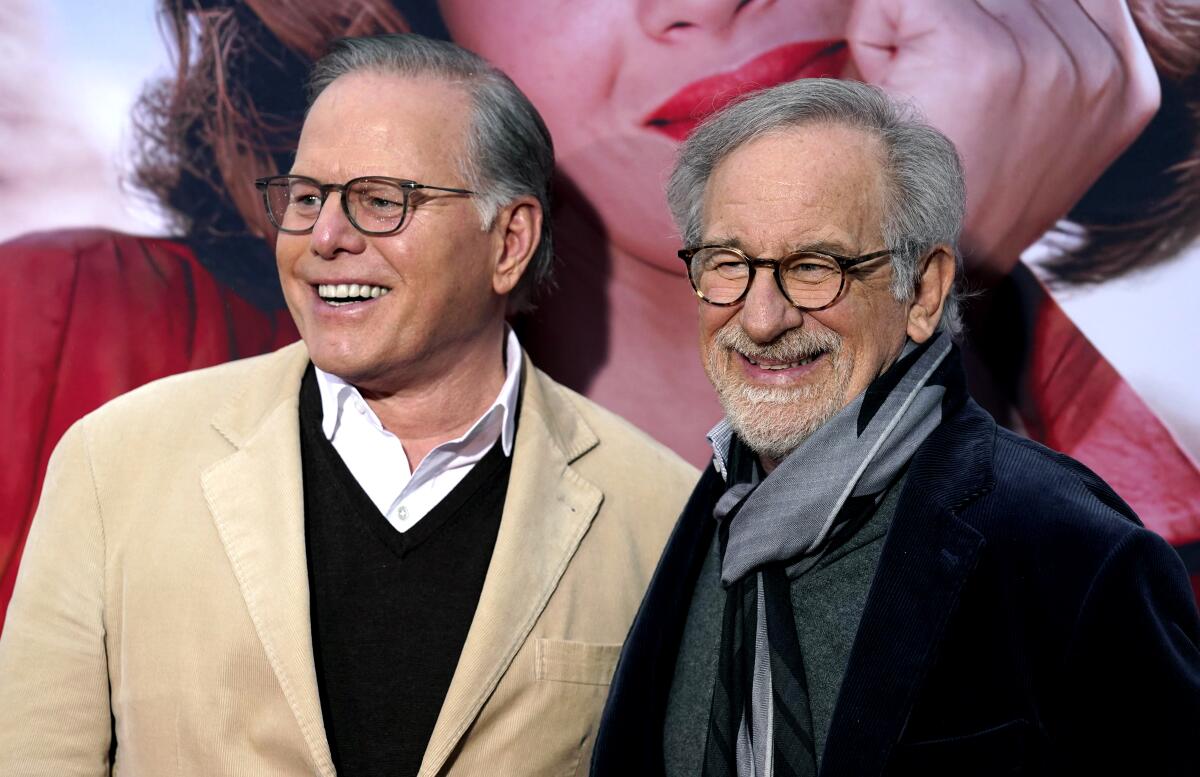 David Zaslav, left, CEO of Warner Bros. Discovery, and director Steven Spielberg