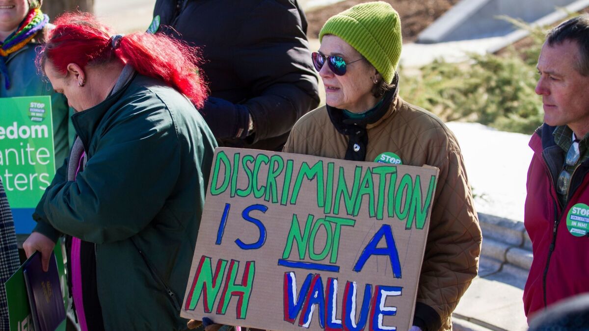 Katharine Daly of Dunbarton, N.H., holds a sign that reads "Discrimination is not a NH value" during a rally in front of the Legislative building in Concord on Jan. 31.
