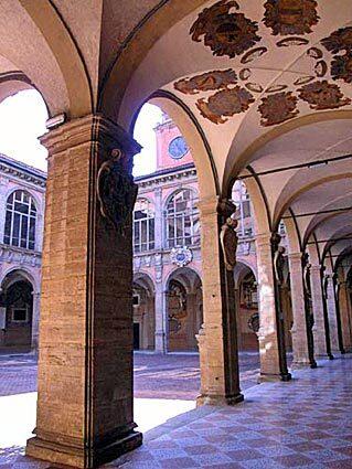 The Archiginnasio Library Courtyard at the University of Bologna. The school is the oldest continually operating university in the world.
