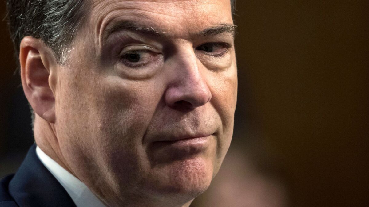 Former FBI Director James B. Comey, shown during his testimony before the Senate Intelligence Committee on June 8, 2017, as a book coming out next week.