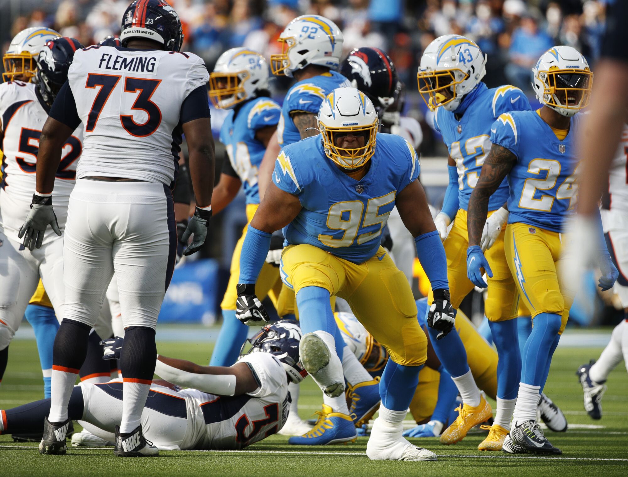 Chargers defensive end Christian Covington reacts after a defensive stop.