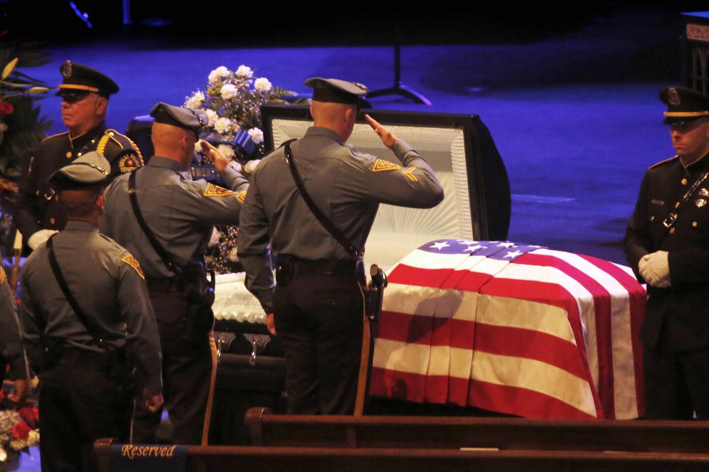 Funeral services are held for Dallas Police Sr. Cpl. Lorne Ahrens at Prestonwood Baptist Church in Plano, Texas.