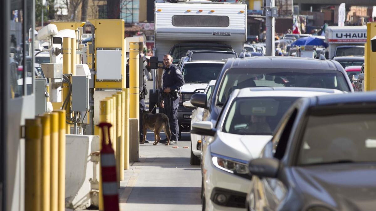 Vehicles wait to cross into the United States at the San Ysidro Port of Entry.
