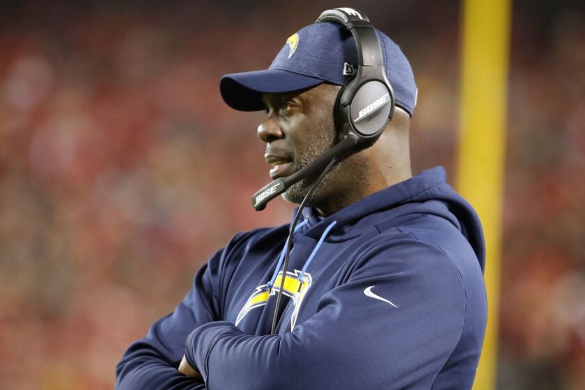Los Angeles Chargers head coach Anthony Lynn during the first half of an NFL football game against the Kansas City Chiefs in Kansas City, Mo., Thursday, Dec. 13, 2018. (AP Photo/Charlie Riedel)