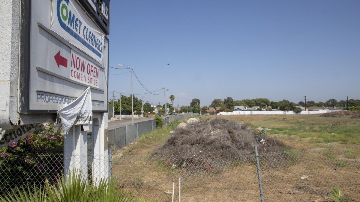 The District Square development site, pictured in 2018. The company behind the District Square project said Los Angeles officials improperly rejected their plan for a 577-unit residential complex on the property, which is located at Crenshaw and Obama boulevards.