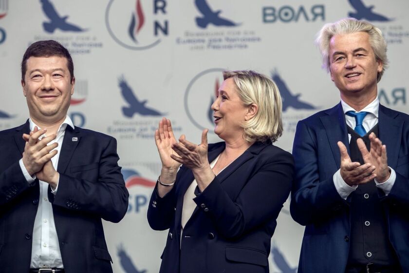 Mandatory Credit: Photo by MARTIN DIVISEK/EPA-EFE/REX (10218518y) (L-R) Tomio Okamura, leader of Czech far-right Freedom and Direct Democracy party, French Marine Le Pen, president of the Rassemblement National (RN) far-right party and Dutch far-right politician Geert Wilders of the PVV party attend the MENF (Movement for a Europe of Nations and Freedom) public meeting in Prague, Czech Republic, 25 April 2019. European leaders of national right-wing parties deliver speeches at the public event at the Wenceslas Square, organized by the Czech Freedom and Direct Democracy (SPD) party, as start of its European Parliament elections campaign. European elections campaign in Czech Republic, Prague - 25 Apr 2019 ** Usable by LA, CT and MoD ONLY **