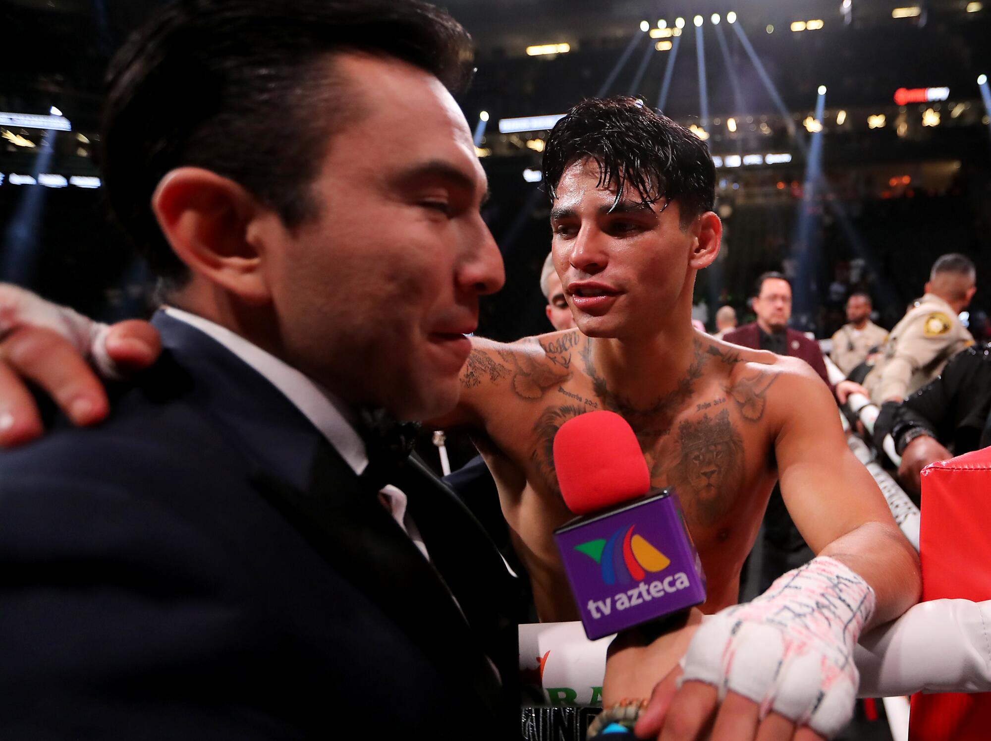 Ryan Garcia does an interview following his loss to Gervonta Davis in the seventh round of their prizefight 